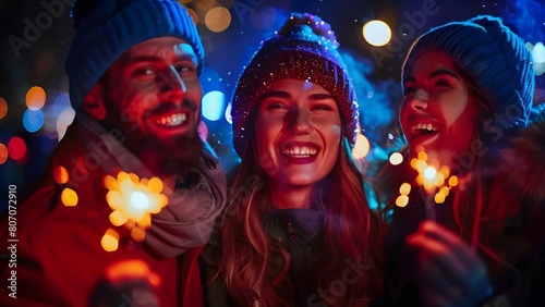 Friends in beanies and coats having outdoor party celebrating New Years Eve. Concept Winter Celebration, Outdoor Party, New Year's Eve, Friendship, Cozy Outfits