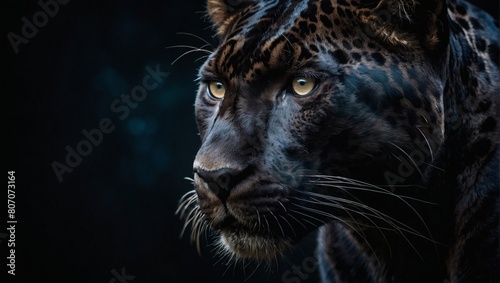 Panther s mysterious allure  Frontal view of a Panther against a dark black backdrop  forming a captivating banner that invites viewers to appreciate the enigmatic charm of wild animals.