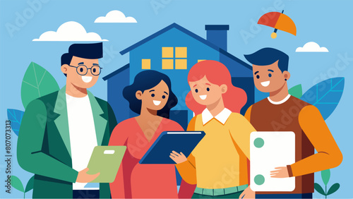 A group of friends looks through real estate listings but quickly realizes their student loan debt makes owning a home seem like a far off dream.. Vector illustration