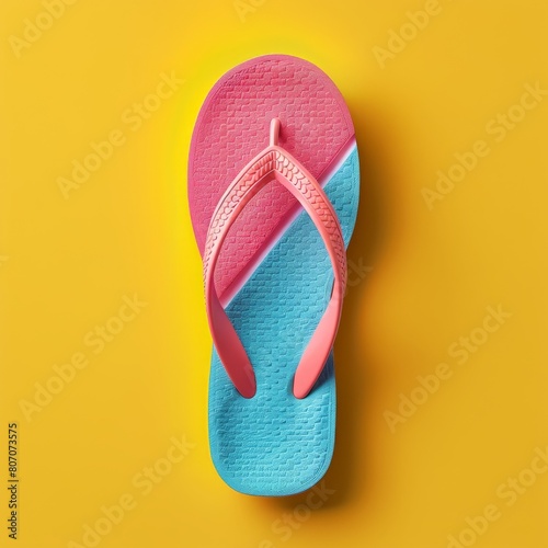 A single, vibrant flip flop, symbolizing beachwear, placed centrally on a minimal background for style tips photo
