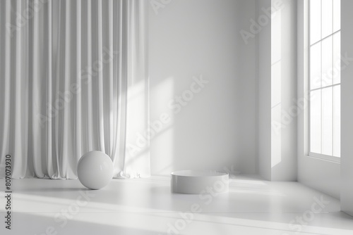 A white room with a white curtain and a white ball © Phuriphat