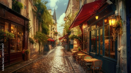 Romantic Parisian Charm Quaint Street Lined with Cafe Tables in France's Capital 