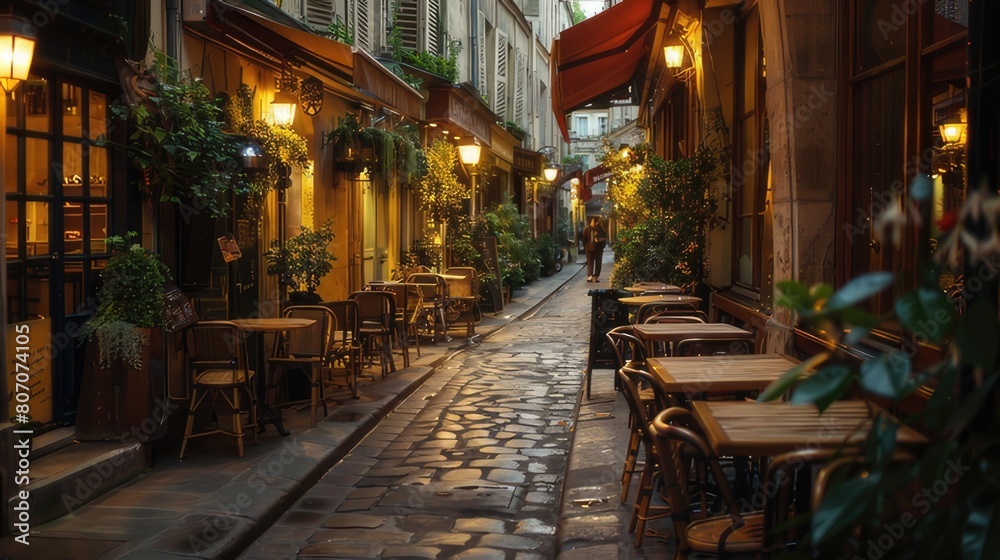 Romantic Parisian Charm Quaint Street Lined with Cafe Tables in France's Capital
