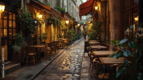 Romantic Parisian Charm Quaint Street Lined with Cafe Tables in France s Capital 