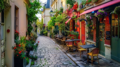 Romantic Parisian Charm Quaint Street Lined with Cafe Tables in France's Capital  © Didikidiw61447