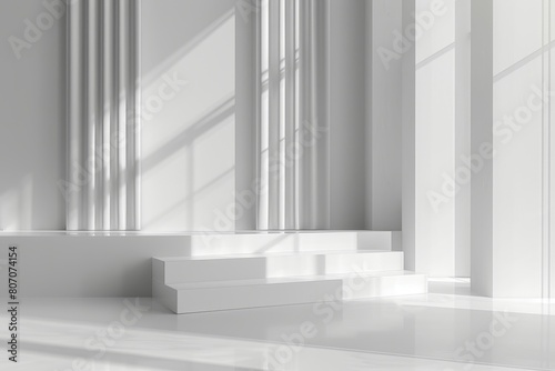 A white room with a white staircase and a white wall