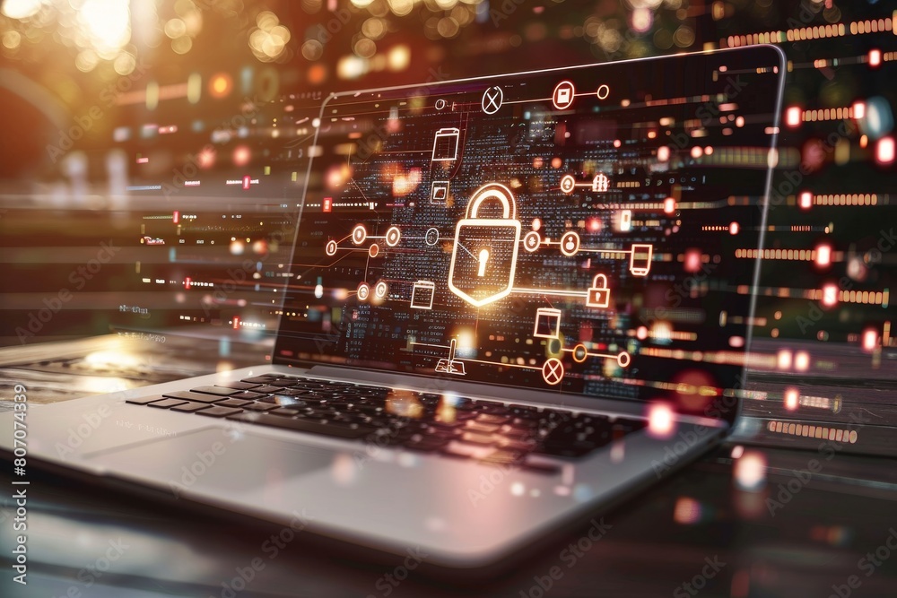 Fototapeta premium Cyber admin's secure infrastructure employs SSL encryption and responsive security measures to enhance data protection through cybersecurity operations.