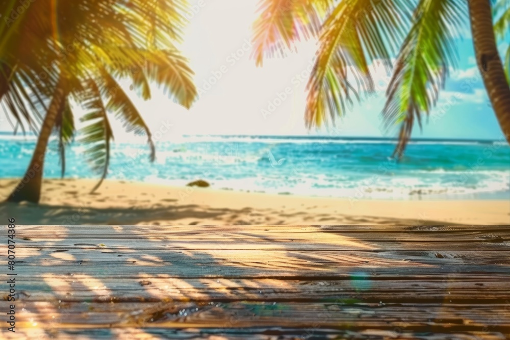 Fototapeta premium Wooden old table of free space for your decoration. Summer beach landscape with palms and ocean. Summer sunny day and sun light. 