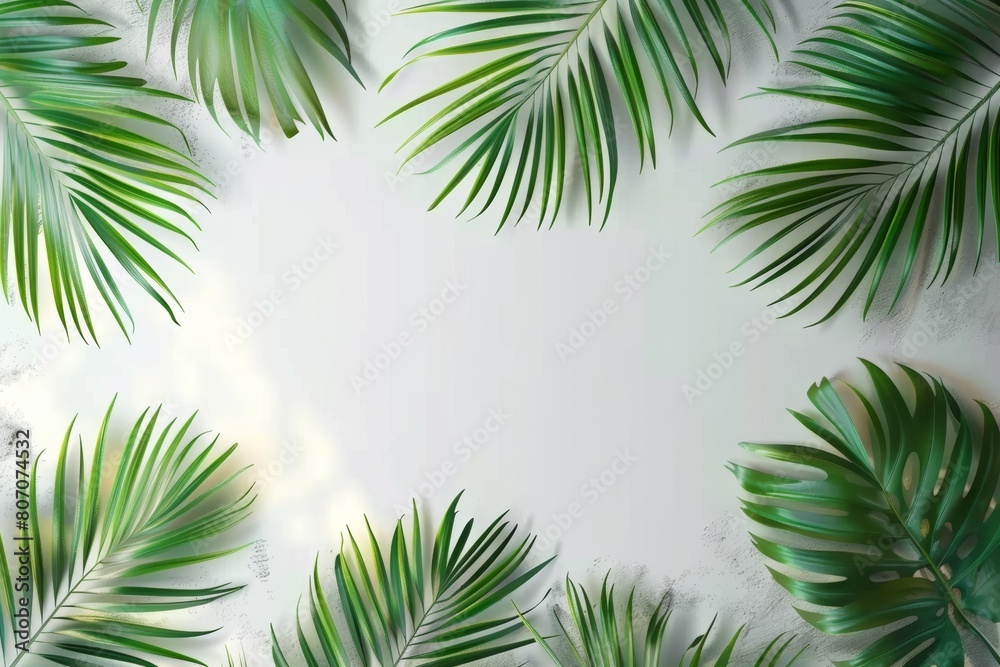 Tropical palm leaves on a white and grey background for designs. Summer Styled. High quality image. Top vie Tropical palm leaves on a white and grey background for designs. Summer Styled. High quality image. Top vie