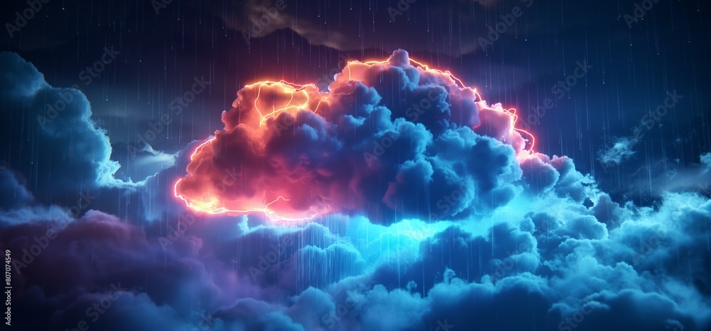 A neon sign of a rain cloud glowing in the dark, with rain falling from ...