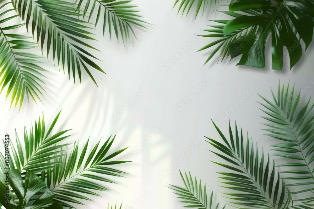 Tropical palm leaves on a white and grey background for designs. Summer Styled. High quality image. Top vie Tropical palm leaves on a white and grey background for designs. Summer Styled. High quality image. Top vie