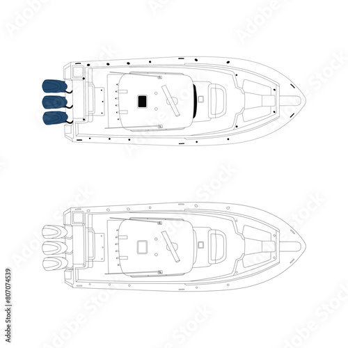 Top view boat line art illustration.