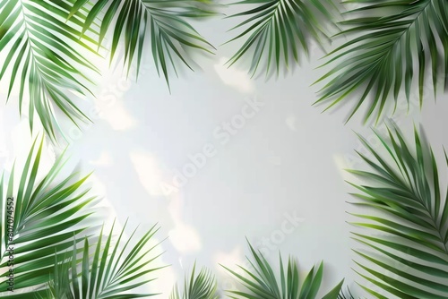  Tropical palm leaves on a white and grey background for designs. Summer Styled. High quality image. Top vie 