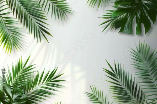 Tropical palm leaves on a white and grey background for designs. Summer Styled. High quality image. Top vie 