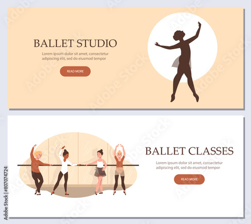 Set of vector banners depicting young dancers in the studio with space for text.