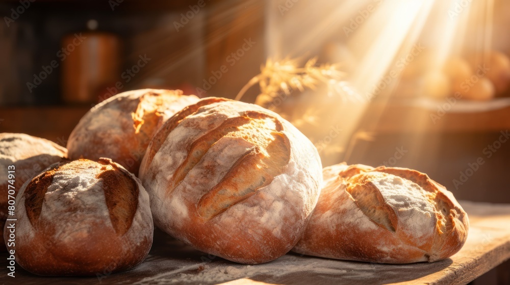 freshly baked bread, with sunlight streaming through a window 