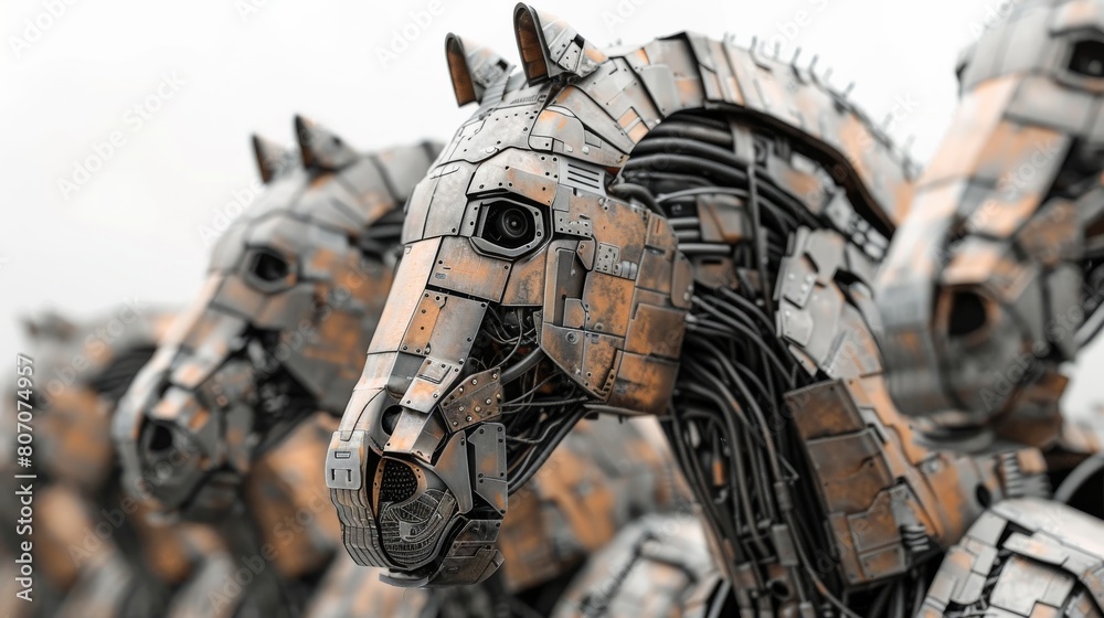A group of metal horses are lined up in a row