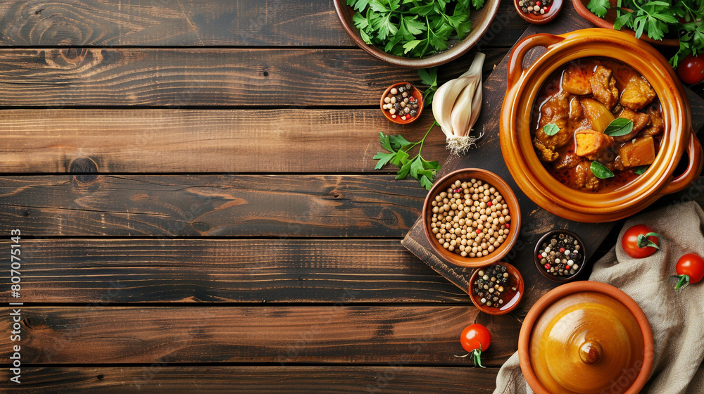 High angle view of traditional tajine dishes and fresh ingredients served on rustic wooden table. High angle view of traditional tajine dishes and fresh ingredients served on rustic wooden table.