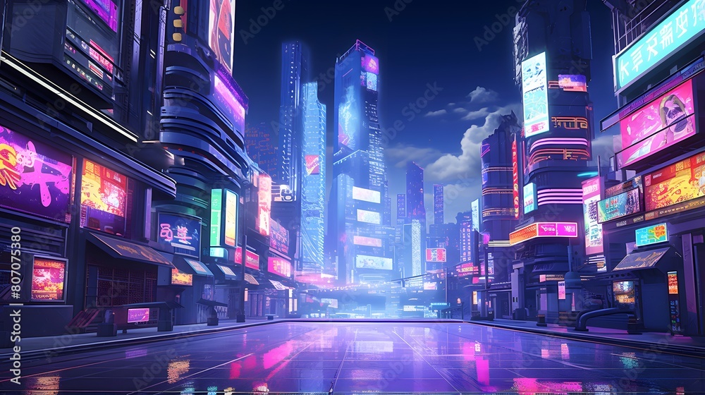 night scene of modern city with skyscrapers and neon lights.