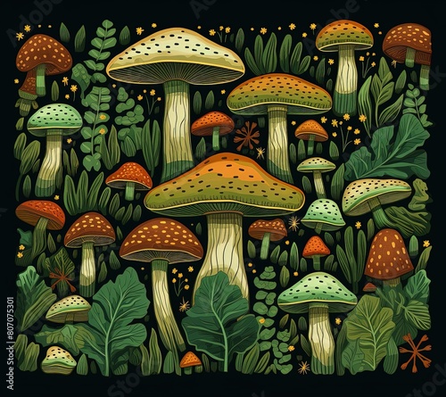 seamless pattern with mushrooms in the forest