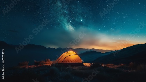 Under a magnificent night sky filled with stars, a solitary tent stands on a mountaintop.