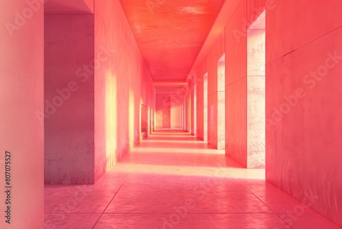 A long hallway with pink walls and pink floor
