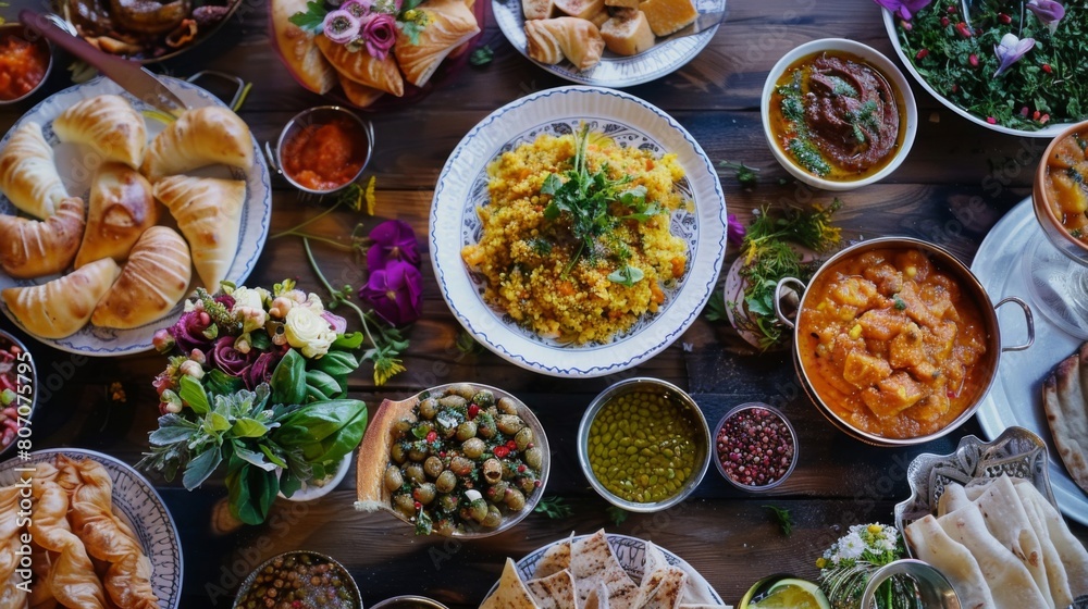A festive Palestinian wedding feast with a spread of maqluba, mansaf, and assorted mezze dishes, celebrating love and community. A festive Palestinian wedding feast with a spread of maqluba, mansaf, and assorted mezze dishes, celebrating love and community.
