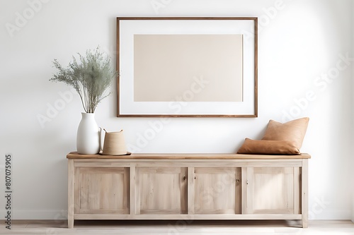  Wooden rustic bench near white wall with frames. Farmhouse  country  boho interior design of modern home entryway  hall. 