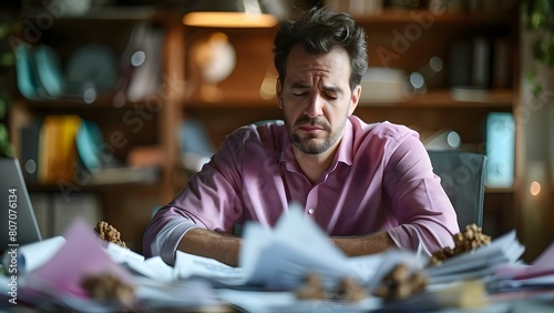 Stressed man surrounded by cluttered desk and crumpled papers during tax season. Concept Tax Season, Cluttered Desk, Stressed Man, Crumpled Papers, Work Stress © Ян Заболотний