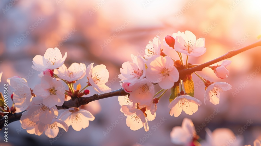 cherry blossoms in full bloom, bathed in the soft glow of early morning light. 