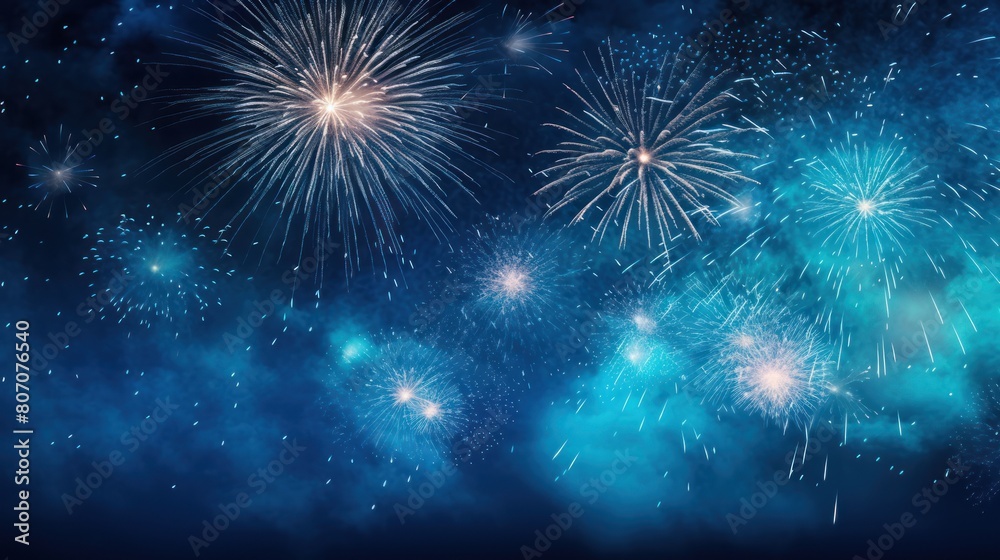 vibrant blue fireworks exploding against the dark night sky, vibrant blue fireworks exploding against the dark night sky,