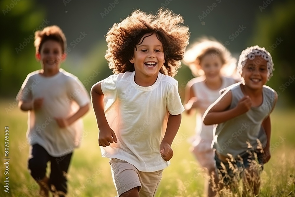 A group of happy children of boys and girls run in the Park on the grass on a Sunny summer day . The concept of ethnic friendship, peace, kindness, childhood. 