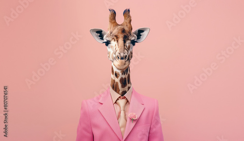 Stylish funny giraffe in a suit looking at the camera on a pink background, animal, creative concept photo