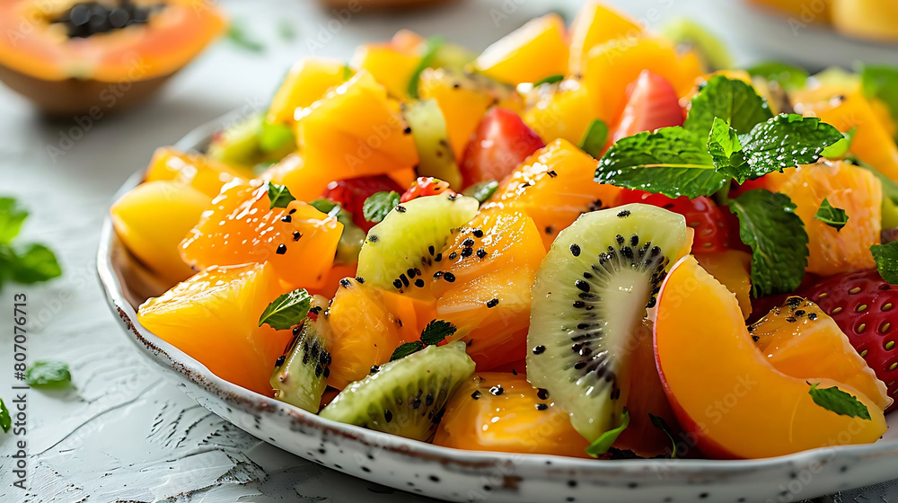 close - up of exotic fruit salad with mint garnish on a transparent background, featuring sliced kiwi and oranges in a white bowl close - up of exotic fruit salad with mint garnish on a transparent background, featuring sliced kiwi and oranges in a white bowl