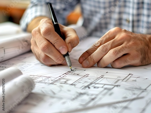 Architect Sketching Architectural Designs and Blueprints for New Building Construction