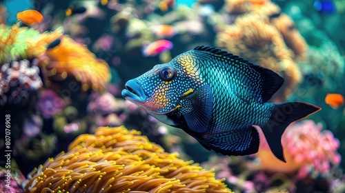 Underwater Symphony Vibrant Blue Jaw Triggerfish Among Colorful Corals in Saltwater Aquarium Environment
 photo