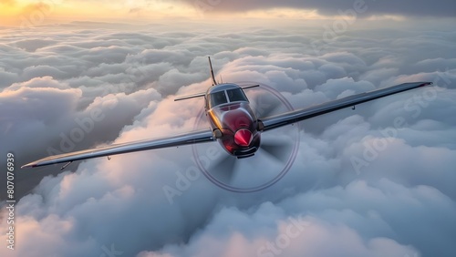 Image of propeller plane soaring through clouds symbolizes freedom and adventure. Concept Adventure, Freedom, Propeller Plane, Clouds, Soaring