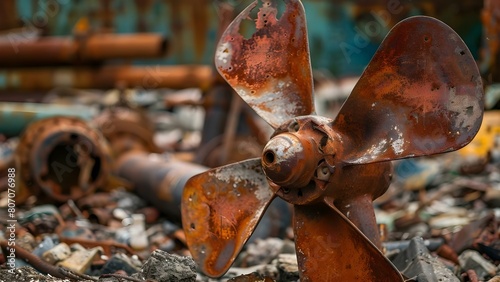 Potential Eco-Friendly Industrial Recycling Solution: Rusty Propeller Found in Discarded Pile. Concept Eco-Friendly Industrial Recycling, Rusty Propeller, Discarded Materials, Recycling Innovation photo