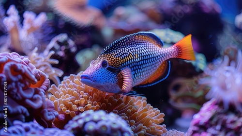Underwater Symphony Vibrant Blue Jaw Triggerfish Among Colorful Corals in Saltwater Aquarium Environment
 photo