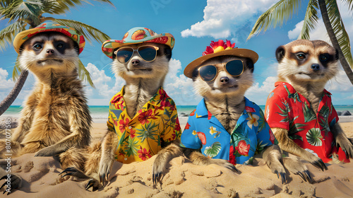 whimsical image of a group of meerkats dressed in colorful Hawaiian shirts and sun hats, lounging on a sandy beach against a backdrop of palm trees and blue skies photo