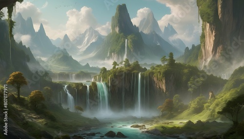 A fantasy landscape with towering mountains and ca upscaled 6 photo