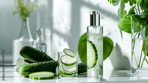 A futuristic representation of advanced skin care technologies infused with cucumber extracts, symbolizing innovation and progress in the beauty industry, photo