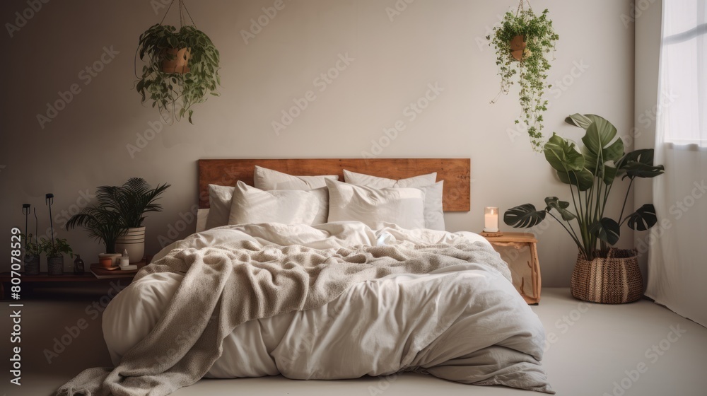 A cozy bedroom with soft gray walls, 