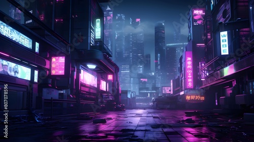 3D illustration. Futuristic city at night with neon lights.