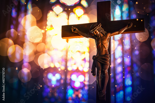 Crucifix with Jesus Christ on cross in church photo