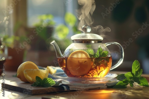 Herbal tea preparation scene with loose leaves, mint, and lemon slices, soft natural lighting