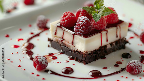 close - up of gourmet dessert with elegant plating, featuring fresh red raspberries and green leaves on a white plate