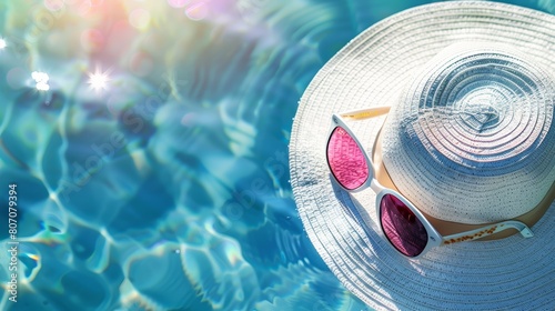 Top view portrait of a white summer sun hat and colored sunglasses with sunlight glare, set against a blurred blue background reminiscent of sea waves, including copy space photo