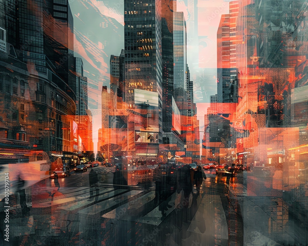 Transform a bustling cityscape into an otherworldly abstract realm, employing unexpected camera angles and surreal perspectives, blending photorealistic details with an avant-garde twist Transform a bustling cityscape into an otherworldly abstract realm, employing unexpected camera angles and surreal perspectives, blending photorealistic details with an avant-garde twist
