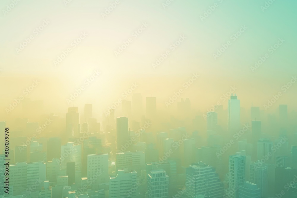 A city is shown in the sky with a foggy atmosphere